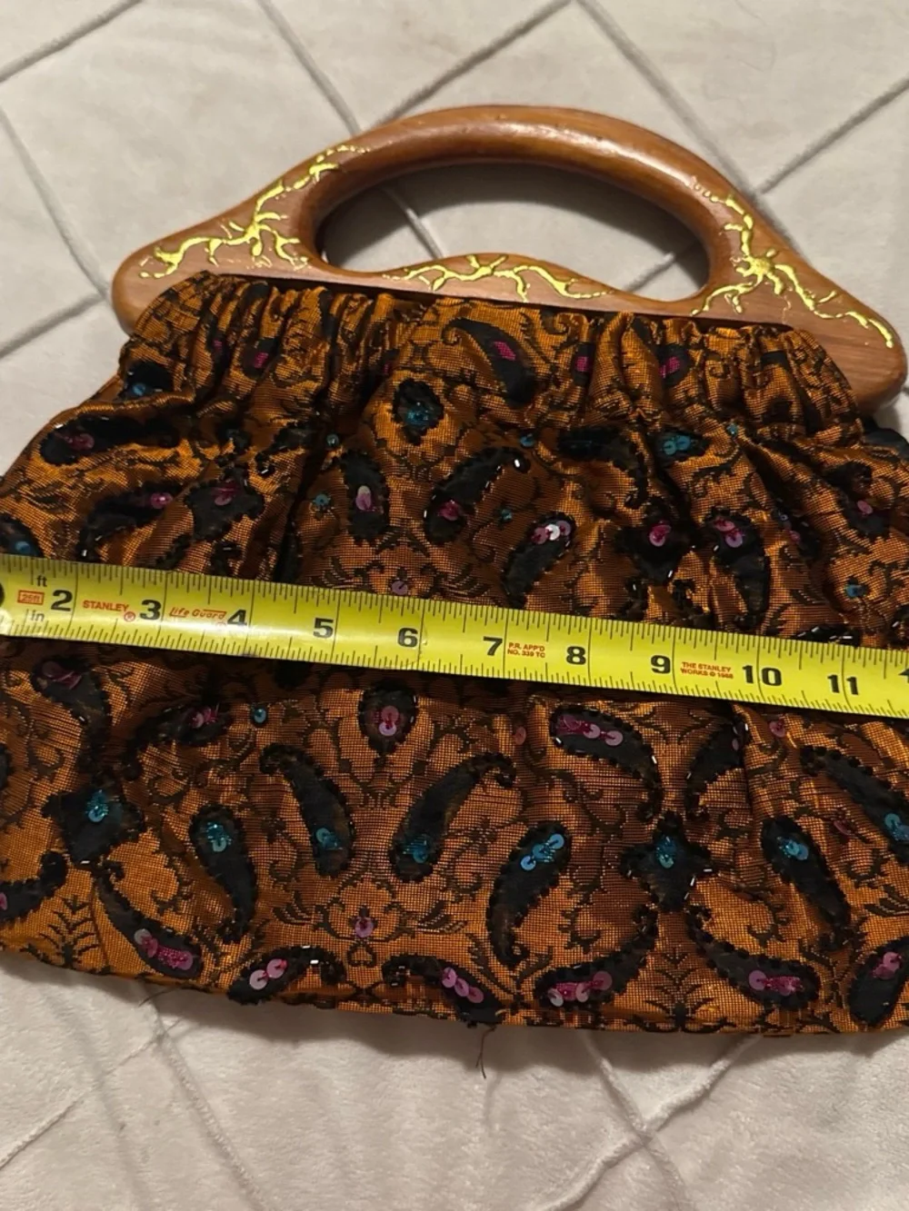 Vintage-Inspired Brown Paisley Handbag with Wooden Handles